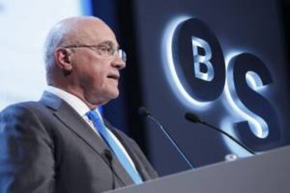 El presidente de Banco Sabadell, Josep Oliu, durante la junta general de accionistas de la entidad, que se ha celebrado esta tarde en Sabadell.