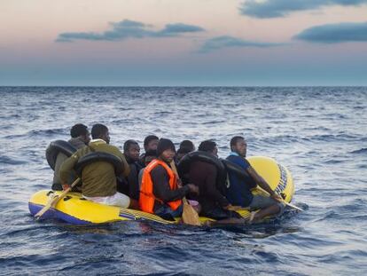 Migrants in a rubber dinghy in the Strait of Gibraltar last November, waiting to be rescued.