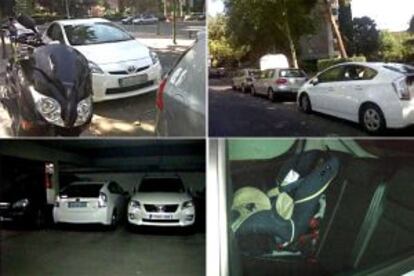 Las primeras tres imágenes (en el sentido de las agujas del reloj) muestran un Honda Prius que debía ser usado para inspecciones aparcado fuera de horario junto a las viviendas y el aparcamiento de funcionarios municipales. La cuarta, otro coche de la contrata, con una silla para niños. Los fotogramas forman parte de grabaciones incluidas en la denuncia investigada d¡por el Ayuntamiento.