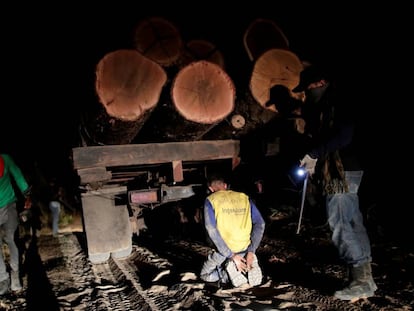 Indígenas guajajara, del grupo guardianes de la Tierra Arariboia, detienen a un maderero ilegal en septiembre. 
