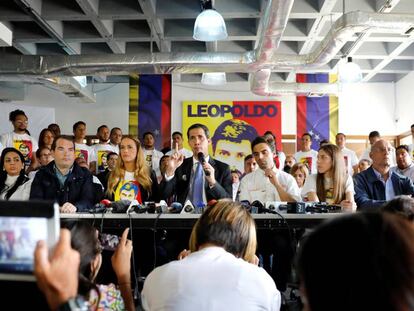 Juan Guaidó, este lunes durante una comparecencia con ocasión del quinto aniversario de la detención de Leopoldo López. 