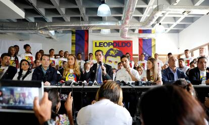 Juan Guaidó, este lunes durante una comparecencia con ocasión del quinto aniversario de la detención de Leopoldo López. 