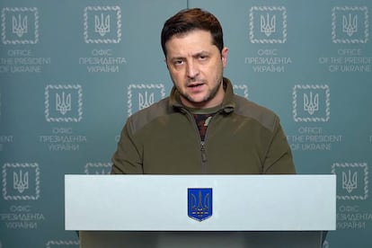 Ukrainian President Volodymyr Zelenskiy delivering an address in Kyiv on Monday.