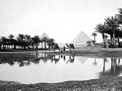 Beduinos, en un oasis con las pirámides de Gizeh al fondo, en una foto de 1869.