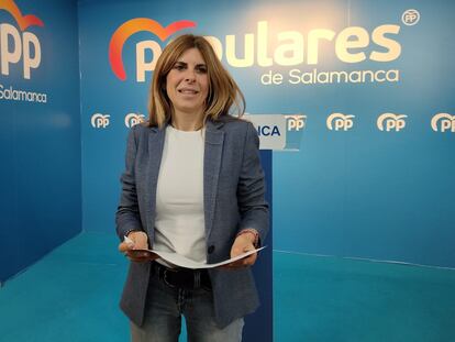 La precandidata a la presidencia del PP de Salamanca, Chabela de la Torre, este jueves en la sede provincial del partido.