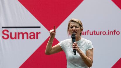 La vicepresidenta Yolanda Díaz, durante la presentación de Sumar en Sevilla, el pasado 19 de marzo.