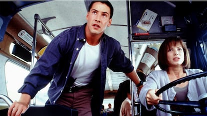 Keanu Reeves and Sandra Bullock in a scene from 'Speed' (1994).