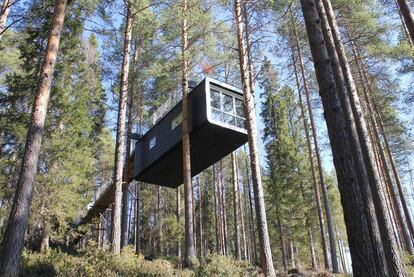 El acceso a la habitación se realiza por una larga pasarela totalmente horizontal que gana elevación a medida que la pendiente del bosque desciende hacia el valle. Un factor decisivo a la hora de elegir la ubicación del mirador-habitación en el entorno de Harad, Suecia.