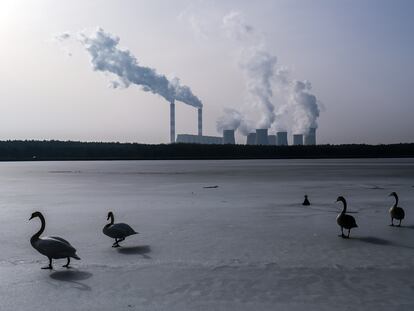 Un lago helado en Rogowiec, Polonia, el 23 de febrero. Al fondo, la central eléctrica de Belchatow.