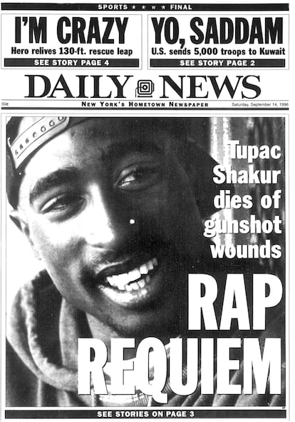 Portada del Daily News del 14 de septiembre de 1996. Tupac Shakur muere a causa de heridas de bala.