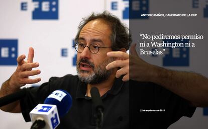 El candidato de la CUP a la Generalitat, Antonio Baños, durante una rueda de prensa, el pasado 19 de septiembre.