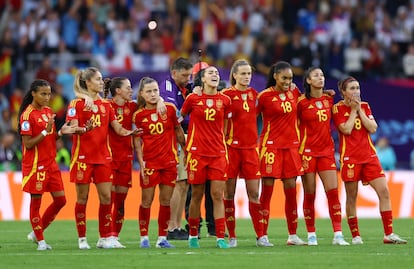 Las jugadoras de España durante la tanda de penaltis ante Inglaterra.