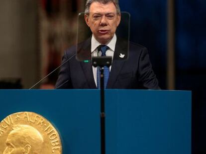 El presidente de Colombia, Juan Manuel Santos, durante su discurso en Oslo tras recibir el Premio Nobel de la Paz. 