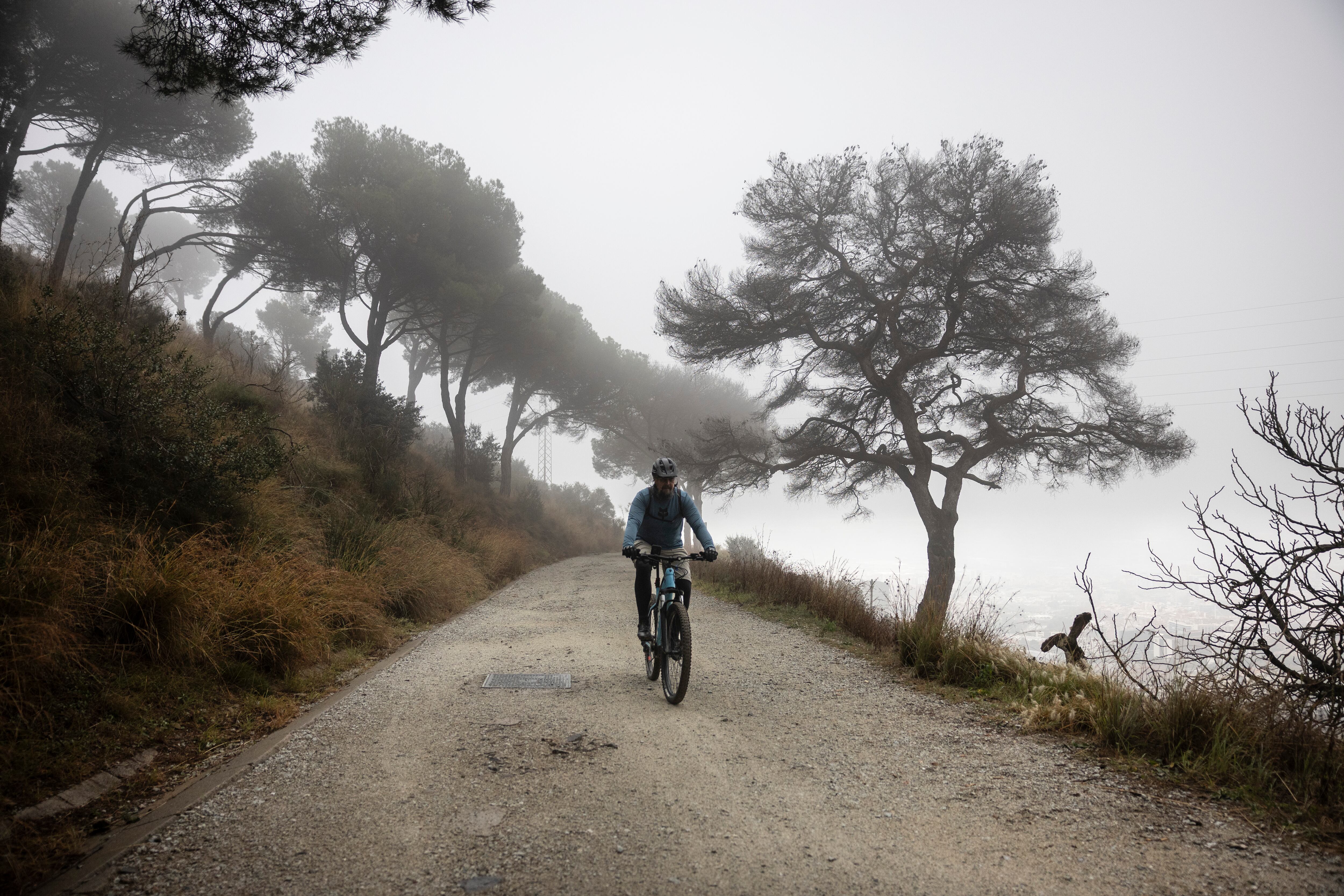 Un ciclista circula por la carretera de Les Aigües, en Barcelona, después de que el Govern relaje las restricciones por la peste porcina. 