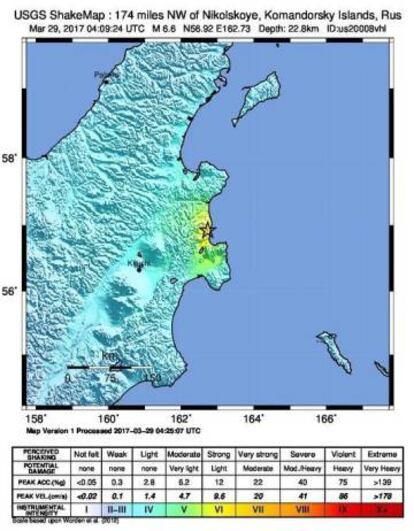 Vista de un mapa de actividad sísmica que muestra el epicentro, marcado con una estrella, del terremoto de magnitud 6,6 en el Krai de Kamchatka.
