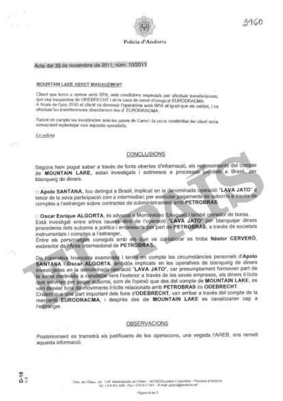 Informe de la Policía de Andorra que concluye el papel en la trama de blanqueo de empresarios vinculados a casas de cambio de Uruguay. 
