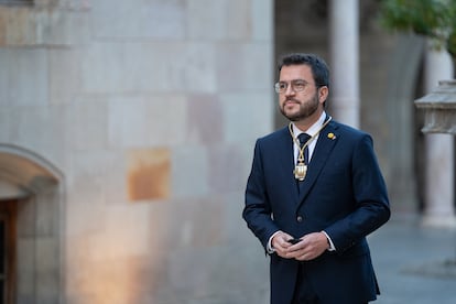 New Catalan premier Pere Aragonès during the ceremony on Monday that saw him take the oath of office.