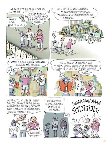 Reproducción de una página del cómic 'Cómo los ricos saquean el planeta', en la que son protagonistas Juan Mendez y Hervé Kempf (con camisa rosa).