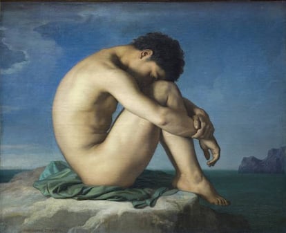 <strong>Mas o que faz este homem nu?</strong> Discípulo de Ingres, o pintor neoclássico Hippolyte Flandrin (França, 1809- Itália, 1864) recebeu uma bolsa para estudar durante cinco anos na Academia Francesa de Roma, o que lhe obrigava a enviar de vez em quando algum trabalho que demonstrasse que suas habilidades progrediam adequadamente. Aqui ele usa o corpo masculino como pretexto para uma demonstração de desenho que, formalmente, é a pura academia de arte. Mas há muito mais nele. </p> <strong>Por que é tão bom?</strong> A especialista Carmen González Castro explica: “É especialmente belo pelo enigmático da situação que descreve. Não fica claro se algo aconteceu ou está a ponto de acontecer, mas em qualquer caso o desenlace fica fora de campo. Sua postura introspectiva e a visão de seu perfil naquele forte claro-escuro que envolve seu peito e rosto fazem dele um ícone atemporal”. </p>