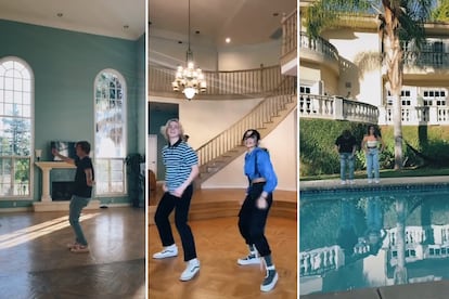 Algunos espacios de la mansión TikTok: los grandes ventanales del salón, la espectacular escalera y la enorme piscina.