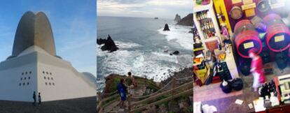 De izquierda a derecha: el auditorio de Santiago Calatrava; bajada a la playa de Benijo, con los roques de Anaga al fondo, y la bodega-tasca San Sebastián en Santa Cruz de Tenerife.