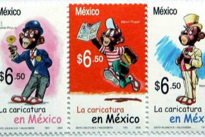 Tres modelos de la serie de sellos postales mexicanos con la caricatura de <i>Memí Pinguín.</i>
