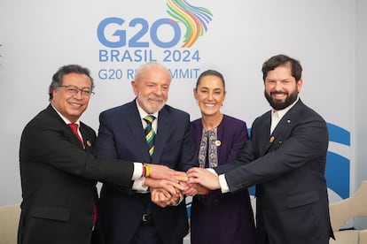 Desde la izquierda, los presidentes Gustavo Petro (Colombia), Lula da Silva (Brasil), Claudia Sheinbaum (México) y Gabriel Boric (Chile), en la Cumbre de Líderes del G-20, en Brasil.