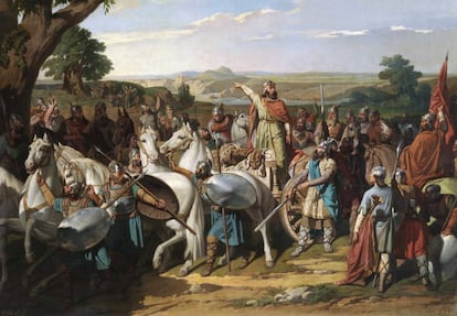 'King Rodrigo haranguing his troops on the eve of the Battle of Guadalete' by Bernardo Blanco.