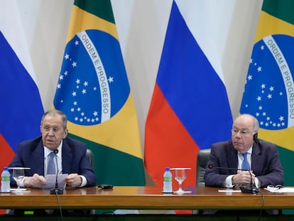 Russia's Foreign Minister Sergei Lavrov, left, and Brazilian Foreign Minister Mauro Vieira give a joint statement at Itamaraty Palace in Brasilia, Brazil, on April 17, 2023.