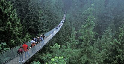 El puente colgante sobre el río Capilano mide 136 metros de largo y es una de las principales atracciones turísticas de Vancouver (Canada).