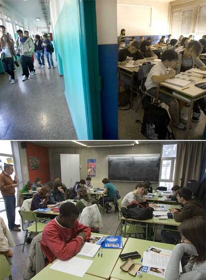 Arriba, alumnos en el instituto Francesc Macià, de Cornellà. Abajo, estudiantes del instituto Salvador Espriu, de Barcelona, en una clase de Inglés.
 / joan sánchez