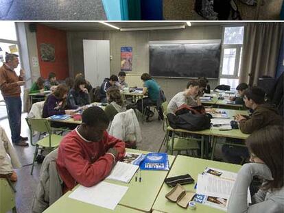 Arriba, alumnos en el instituto Francesc Macià, de Cornellà. Abajo, estudiantes del instituto Salvador Espriu, de Barcelona, en una clase de Inglés.
/ joan sánchez
