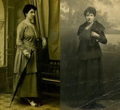 A la izquierda, imagen de Gala, y a la derecha, foto en el que el profesor Torrado identifica a Rosalía, ambas archivadas en la Real Academia.