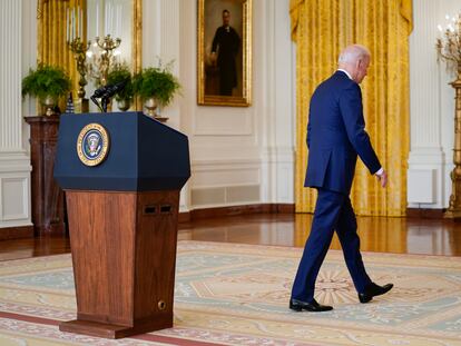 Joe Biden, este jueves en la Casa Blanca tras pronunciar su discurso económico.