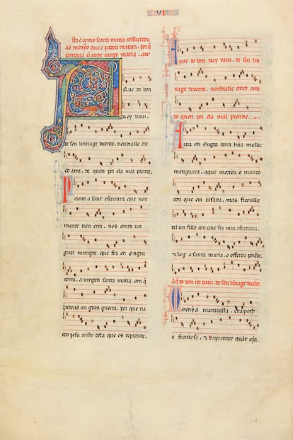 Página del Códice Rico 'Cantigas de Santamaría' (ca. 1280-1284). El Códice Rico recoge 195 cantigas y es el primer manuscrito de los cuatro conservados en el que se combina texto, música e imagen, ilustrando detalladamente los milagros.