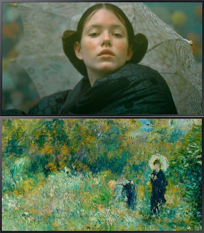 ‘Cecilia’ es el título del retrato que Javier Biosca realizó inspirándose en ‘Mujer con sombrilla en el jardín’, de Pierre-Auguste Renoir.