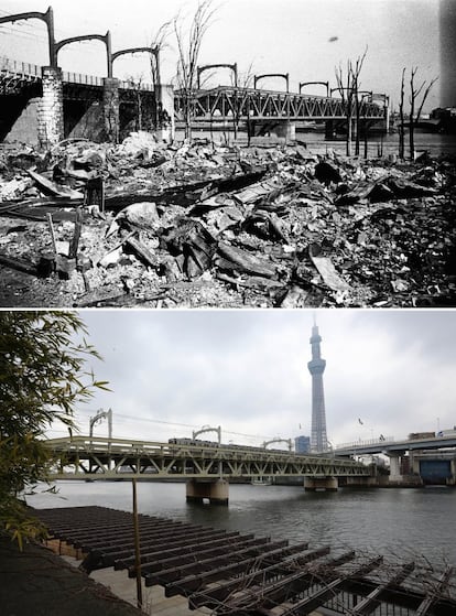 La imagen superior, tomada el 19 de marzo de 1945, muestra un área devastada, junto al puente Sumida-gawa, debido al bombardeo del 10 de marzo. Setenta años después, una fotografía tomada el 7 de marzo desde la misma perspectiva muestra el movimiento de trenes en el puente. Justo detrás, se observa el edificio más alto de Japón, el Tokio Skytree.