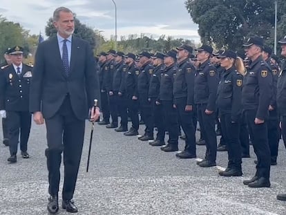 El Rey pasa revista a los agentes formados esta mañana en Ávila. La imagen es un fotograma de un vídeo de la policía.