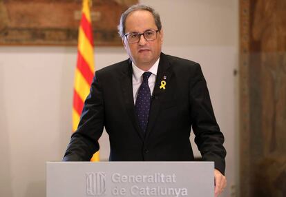 El presidente del Govern, Quim Torra, durante su discurso.