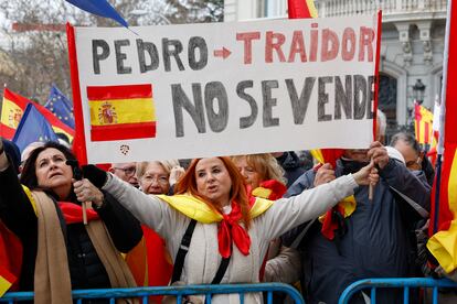 Una manifestante sostiene un cartel contra el presidente del Gobierno, Pedro Sánchez, este sábado en Madrid. 