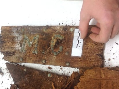 Remains of a coffin marked with the initials “M. C.” found at Cervantes' burial place.