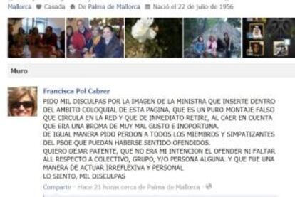 Imagen del muro de Facebook con las disculpas de Francisca Pol.