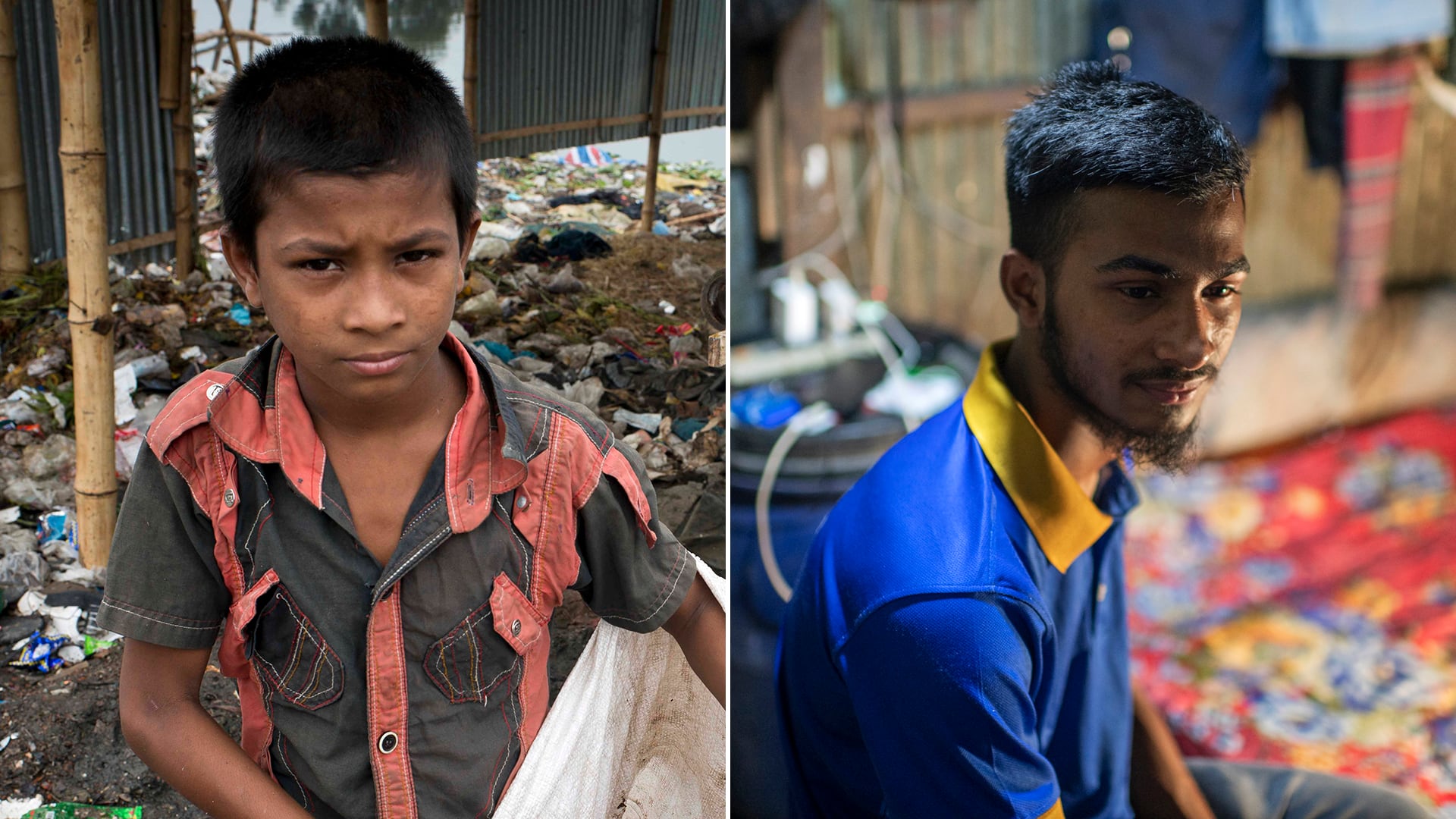 En la izquierda, Shopon, con 11 años trabaja rebuscando en la basura del vertedero que hay en Korail, Daca. A la derecha, en 2024, es el supervisor en una empresa alemana de limpieza en Bangladés.