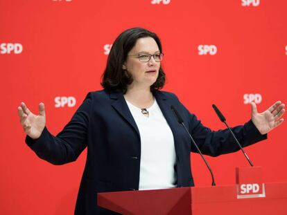 Andrea Nahles, líder del SPD, en una rueda de prensa en Berlín este martes. 