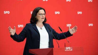 Andrea Nahles, líder del SPD, en una rueda de prensa en Berlín este martes.