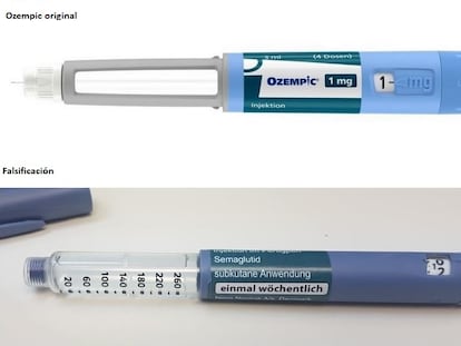 Imagen proporcionada por la agencia alemana del medicamento con una pluma inyectable de Ozempic (arriba) y una falsificación.