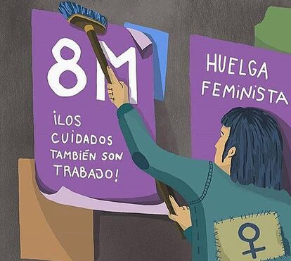 Una mujer pegando un cartel de la huelga del 8M.