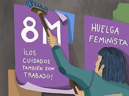 Una mujer pegando un cartel de la huelga del 8M.