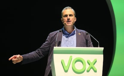 Javier Ortega Smith, secretario general de Vox, durante el acto en Vistalegre.
