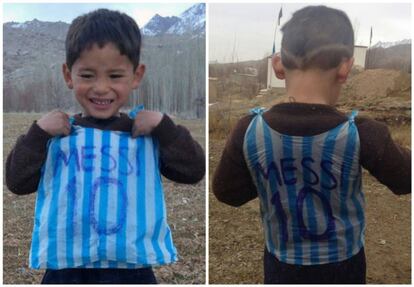 The child wearing a plastic Messi shirt.